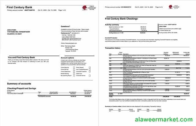 USA First Century Bank account statement Word and PDF template, 2 pages